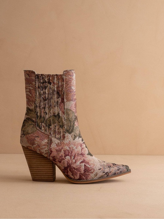 Oasis Society Shoes - The Lydia | Mauve Tapestry Suede Pointed Toe Western Bootie